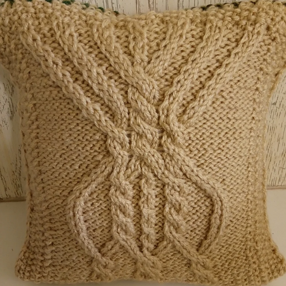 Hand Crafted Knit Throw Pillow Tree Cable Wood Buttons Cabin